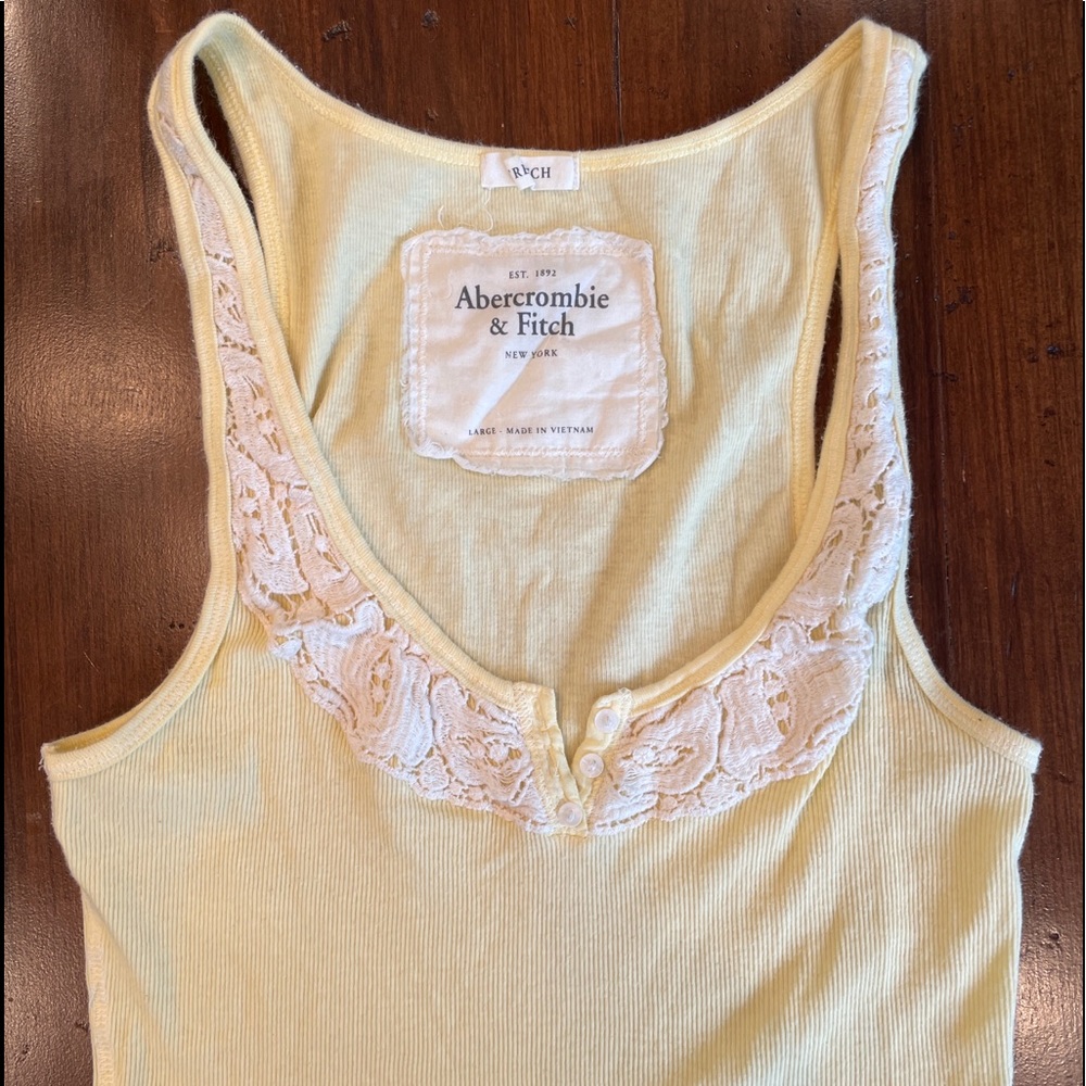 ABERCROMBIE & FITCH Y2K TANK Yellow stretch lace ribbed buttons women large VTG
